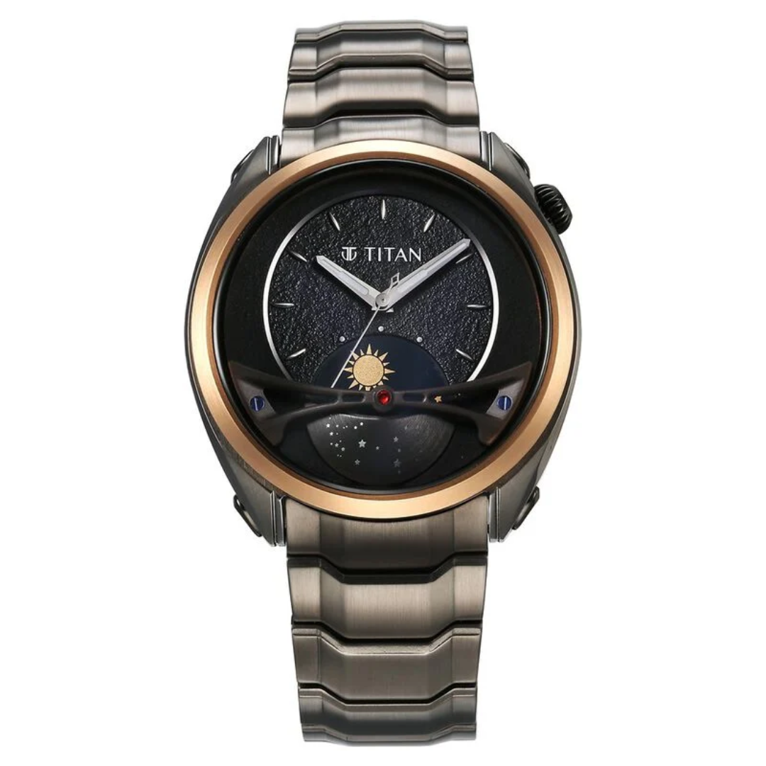 Titan Stellar Quartz Multifunction Black Dial Stainless Steel Strap Watch for Men 10010KM01 - KRISHNA WATCH COMPANY