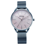 Titan Slimline Quartz Analog Mother Of Pearl Dial Blue Stainless Steel Strap Watch for Women 95180QM01