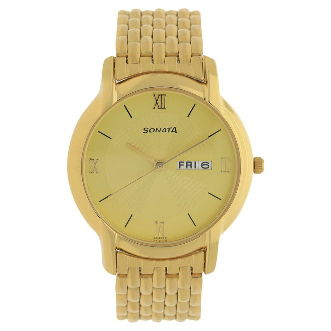 Sonata Champagne Dial Golden Metal Strap Watch - 7954YM02W - KRISHNA WATCH COMPANY