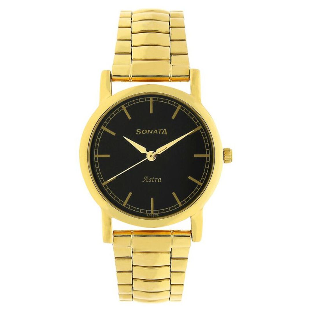 Sonata Black Dial Golden Stainless Steel Strap Watch NR77049YM02 - KRISHNA WATCH COMPANY