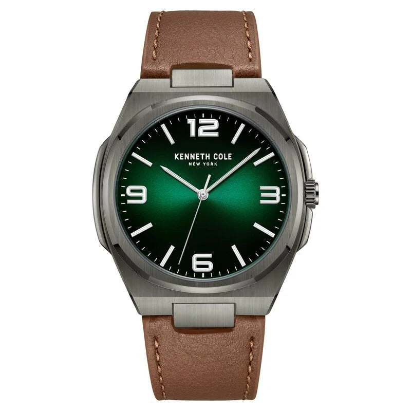Kenneth Cole Quartz Analog Green Dial Brown Leather Strap Watch for Men - KCWGA0015202MN - KRISHNA WATCH COMPANY