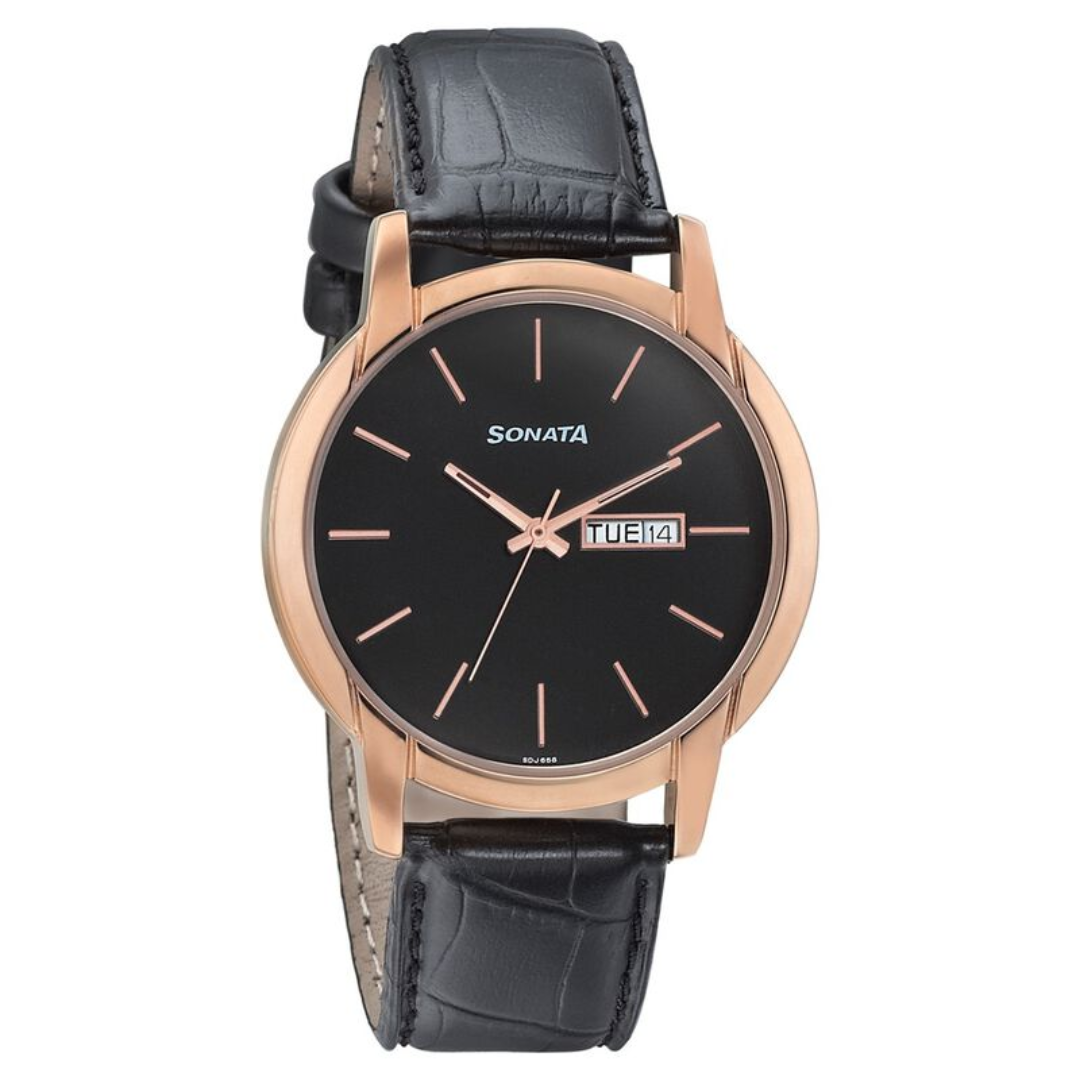 Sonata Beyond Gold Black Dial Leather Strap Watch 77031WL05 (SDJ658) - KRISHNA WATCH COMPANY
