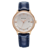 Titan Bright Leathers Quartz Analog with Date Silver Dial Leather Strap for Women 95247WL06