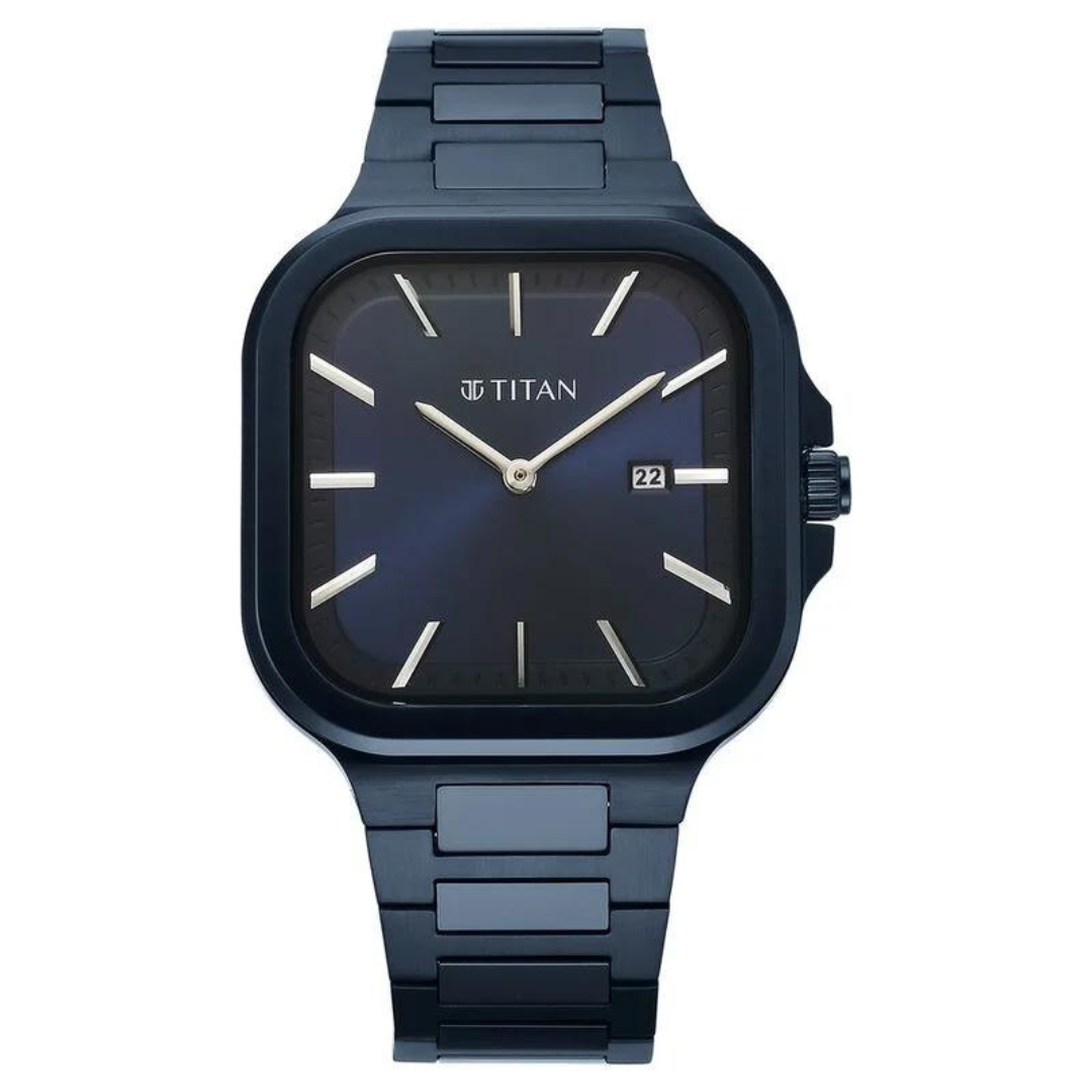 Titan Classique Slim Square Quartz Analog with Date Blue Dial Stainless Steel Strap Watch for Men 90176QM01 - KRISHNA WATCH COMPANY