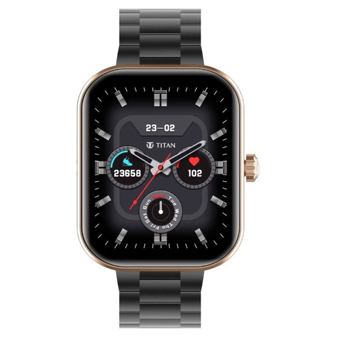 Titan Mirage with 4.97 cm AMOLED Display and AOD, Functional Crown, BT Calling Smartwatch with Black Metal Strap 90184AM02 - KRISHNA WATCH COMPANY