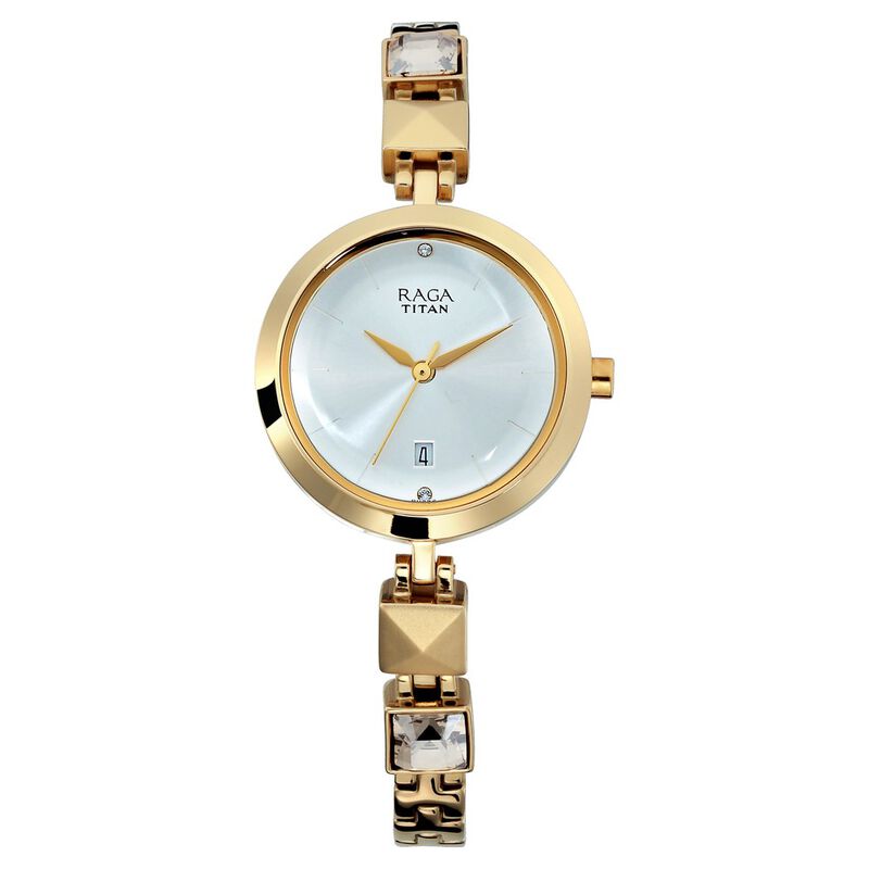 Titan Raga Viva Silver Dial Analog with Date Golden Metal Strap watch for Women - 2606YM01