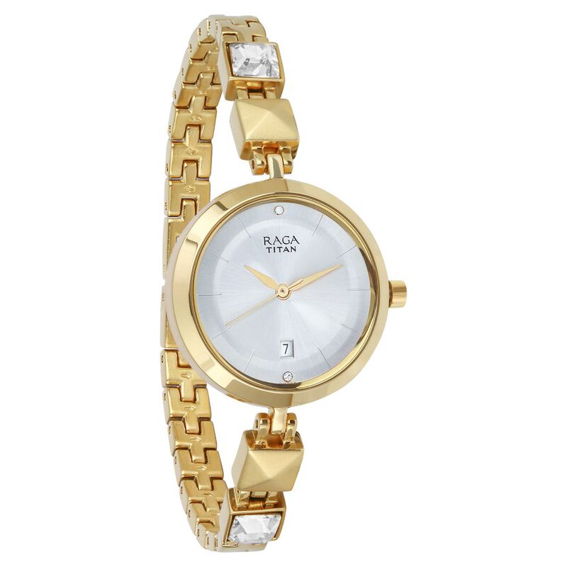 Titan Raga Viva Silver Dial Analog with Date Golden Metal Strap watch for Women - 2606YM01 - KRISHNA WATCH COMPANY