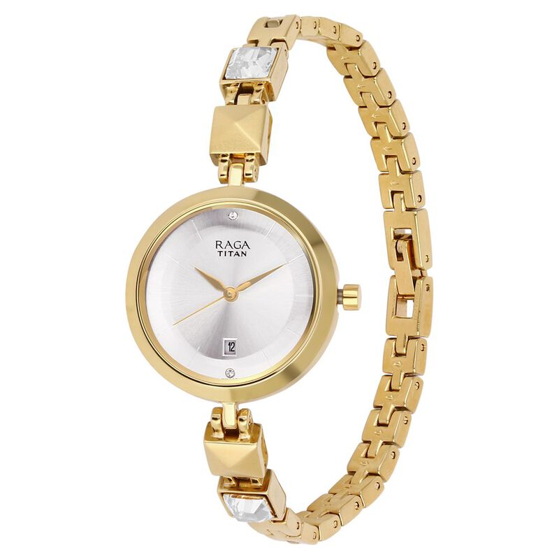 Titan Raga Viva Silver Dial Analog with Date Golden Metal Strap watch for Women - 2606YM01 - KRISHNA WATCH COMPANY