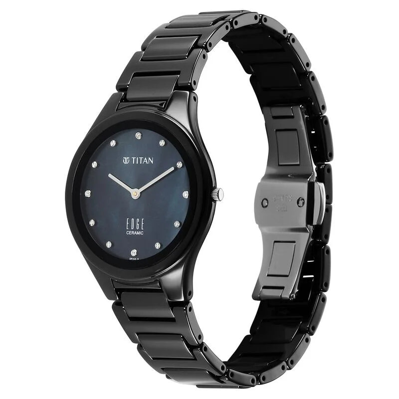 Titan Edge Ceramic Quartz in Glossy Black with Diamonds and Rich Mother of Pearl Dial Watch for Women 2653NC02 - KRISHNA WATCH COMPANY