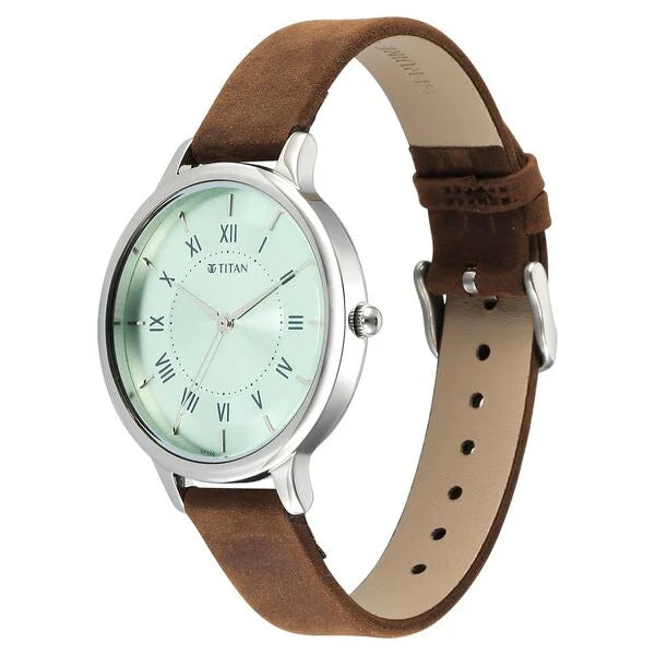 Titan Workwear Quartz Analog Silver Dial Brown Leather Strap Watch For Women 2732sl02 - KRISHNA WATCH COMPANY