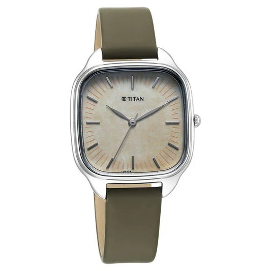 Titan Workwear Quartz Analog White Dial Green Leather Strap Watch For Women 2733sl01