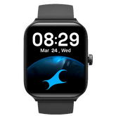 A black Fastrack smartwatch with a silicone strap and a digital display showing the time and date.
