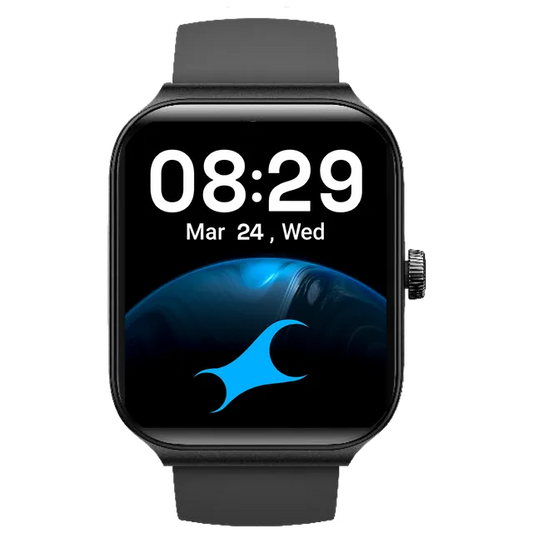 A black Fastrack smartwatch with a silicone strap and a digital display showing the time and date.