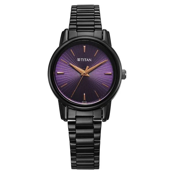 Titan Karishma Quartz Analog Purple Dial Black Stainless Steel Strap Watch For Women 2760nm01 - KRISHNA WATCH COMPANY