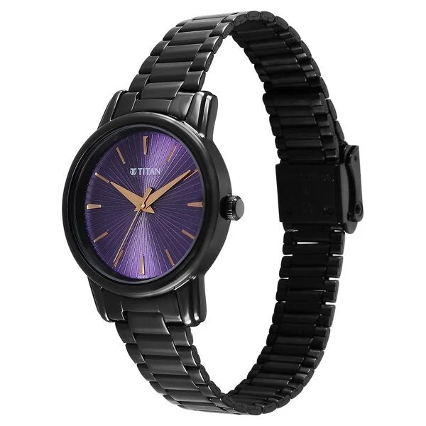 Titan Karishma Quartz Analog Purple Dial Black Stainless Steel Strap Watch For Women 2760nm01 - KRISHNA WATCH COMPANY