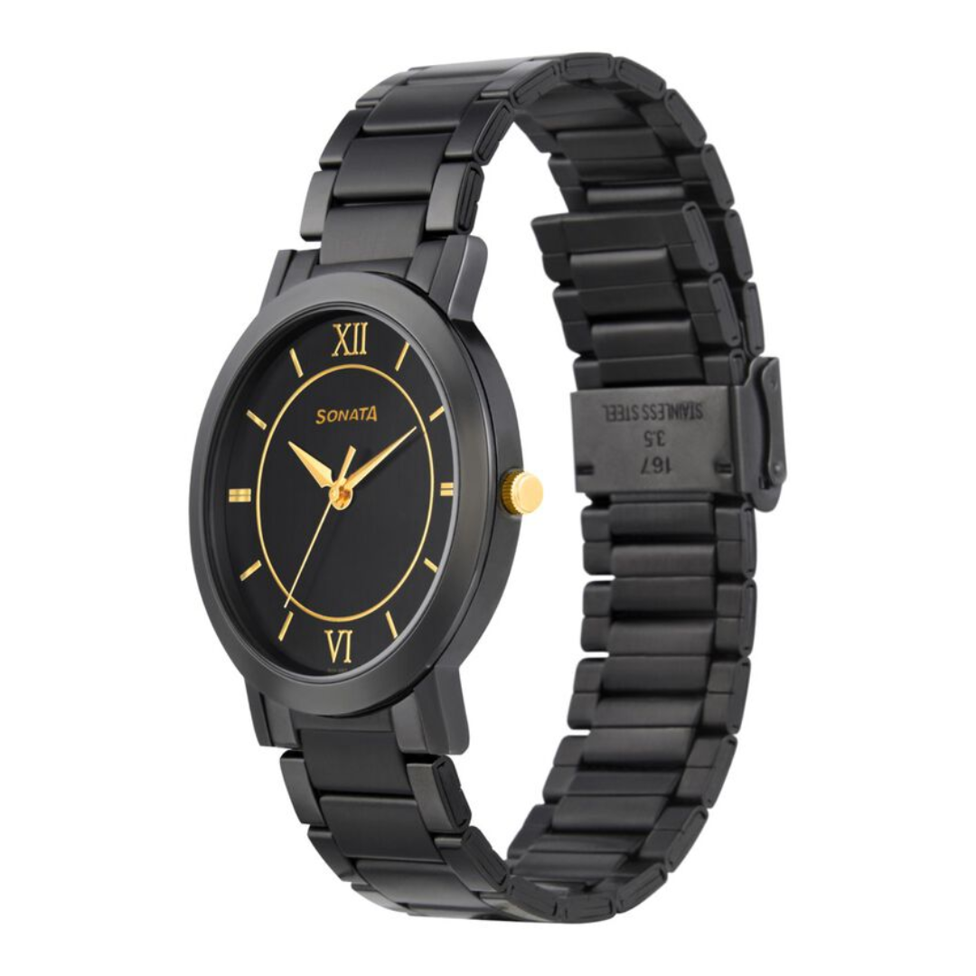 Sonata Beyond Gold Black Dial Metal Strap Watch - 77108KM01W - KRISHNA WATCH COMPANY