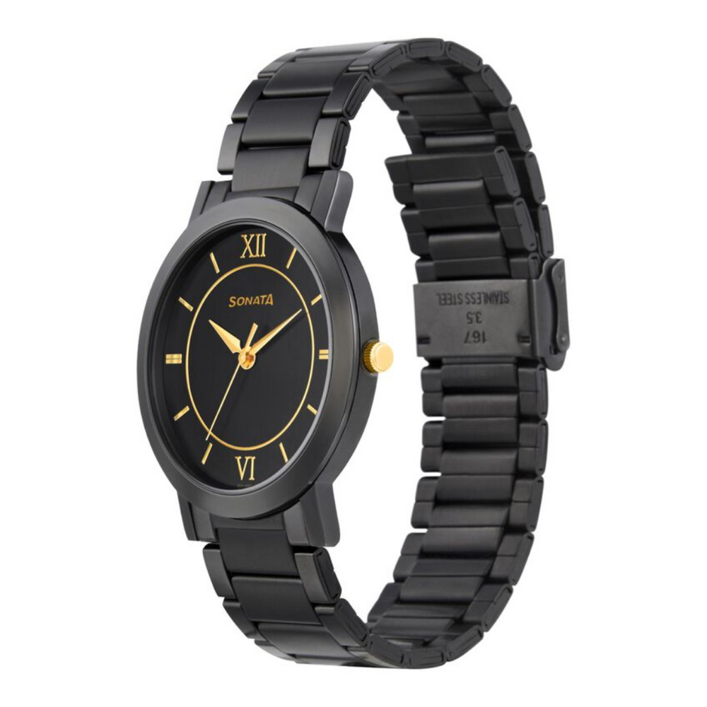 Sonata Beyond Gold Black Dial Metal Strap Watch - 77108KM01W - KRISHNA WATCH COMPANY