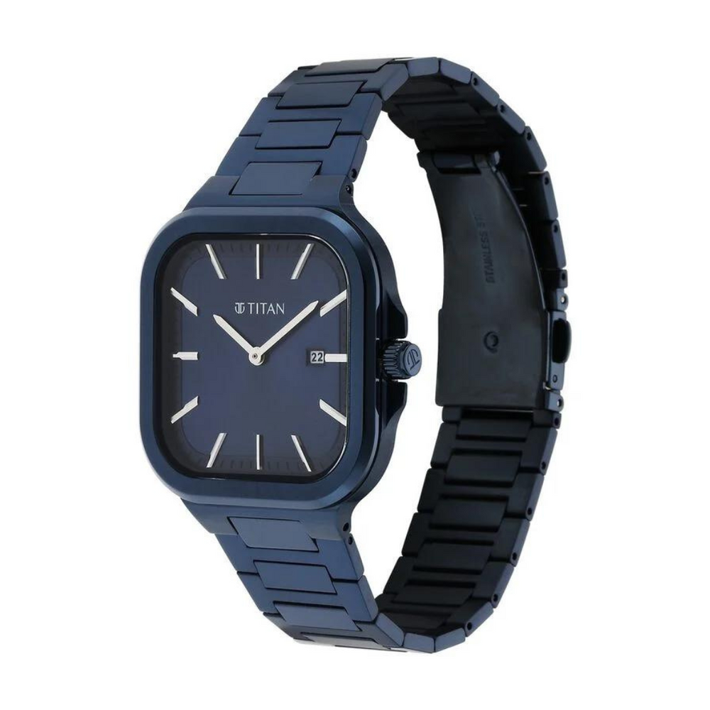 Titan Classique Slim Square Quartz Analog with Date Blue Dial Stainless Steel Strap Watch for Men 90176QM01 - KRISHNA WATCH COMPANY