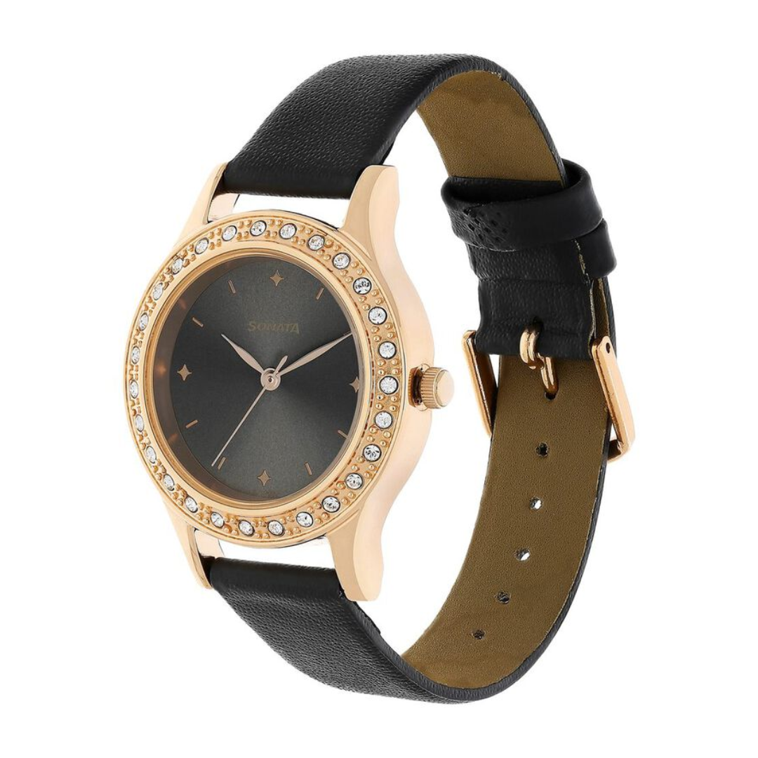 Sonata Blush Anthracite Dial Women Watch With Leather Strap 8123WL01 - KRISHNA WATCH COMPANY