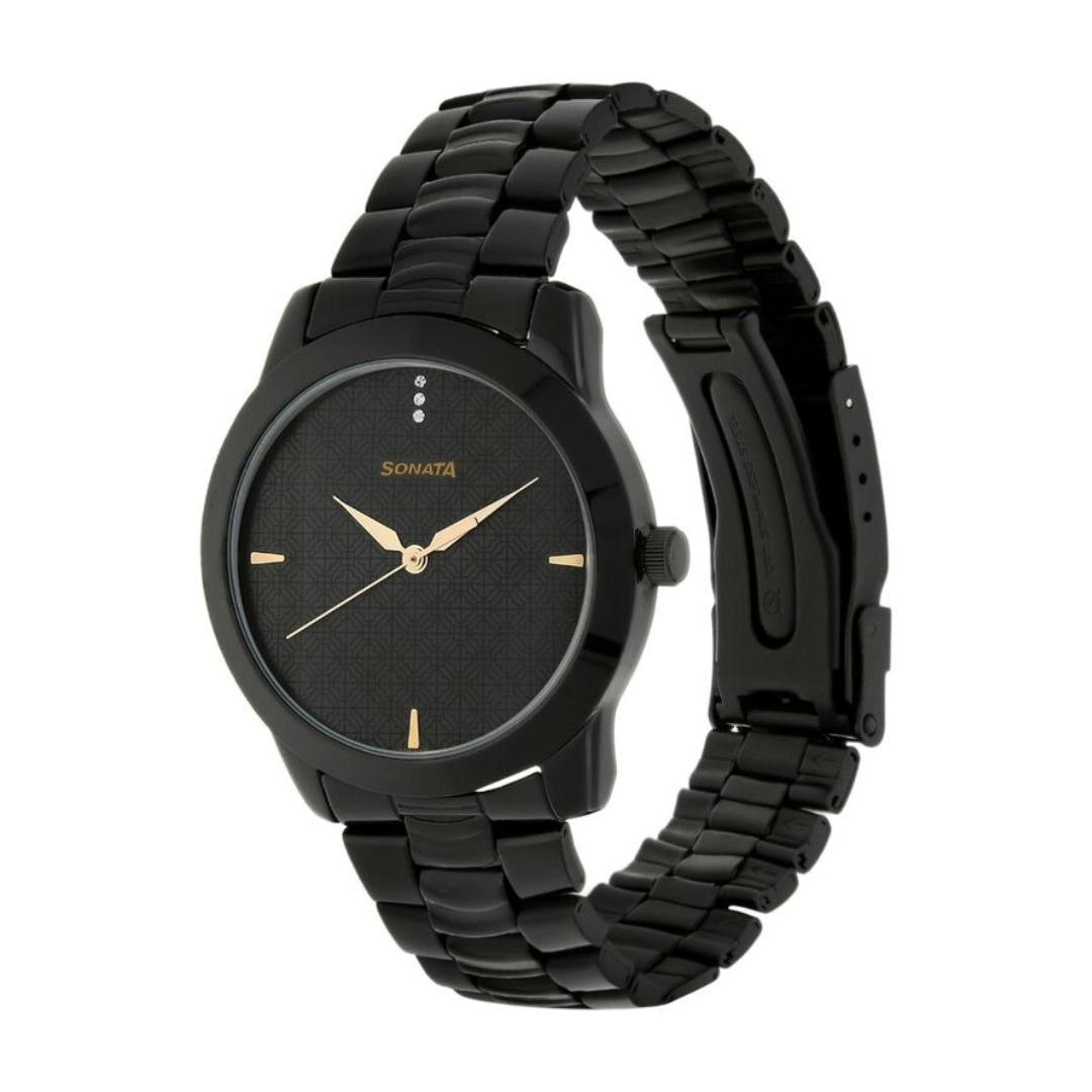Sonata Black Dial Black Metal Strap Watch NR7924NM01 - KRISHNA WATCH COMPANY