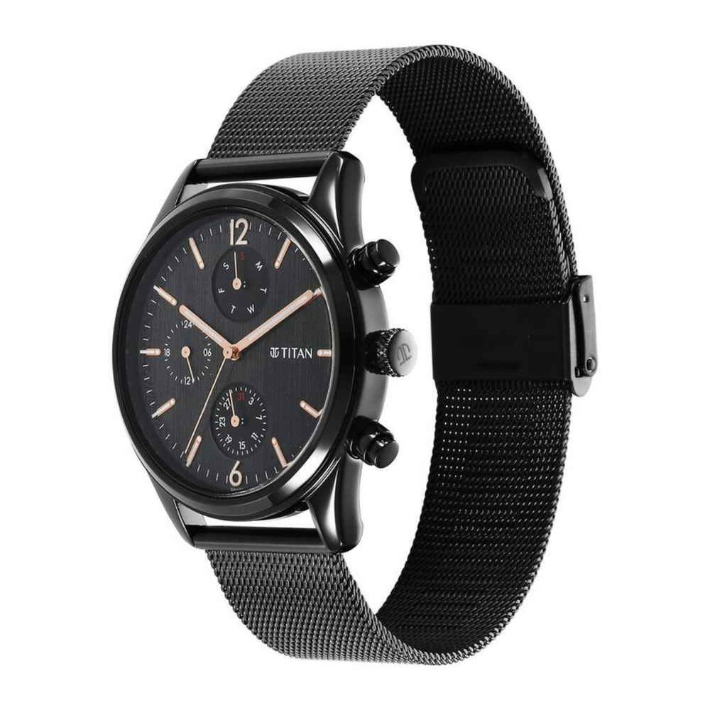 Titan Neo Black & Gold Quartz Analog with Day and Date Black Dial Stainless Steel Strap Watch for Men - 1805NM05 - KRISHNA WATCH COMPANY