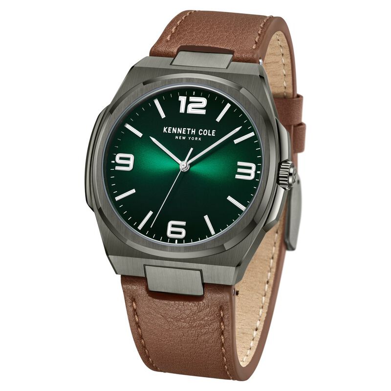 Kenneth Cole Quartz Analog Green Dial Brown Leather Strap Watch for Men - KCWGA0015202MN - KRISHNA WATCH COMPANY