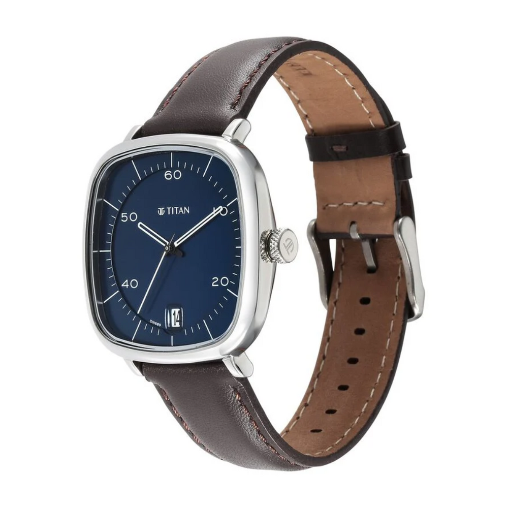 Titan Neo Curve Quartz Analog with Date With Date Blue Dial Brown Leather Strap Watch for Men 1885SL03 - KRISHNA WATCH COMPANY