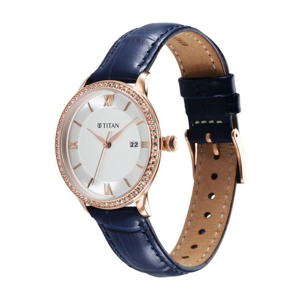 Titan Bright Leathers Quartz Analog with Date Silver Dial Leather Strap for Women 95247WL06 - KRISHNA WATCH COMPANY