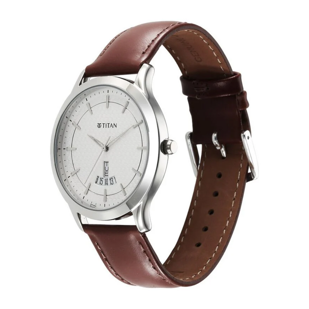 Titan Karishma Quartz Analog Silver Dial Leather Strap Watch for Men 1825SL15 - KRISHNA WATCH COMPANY