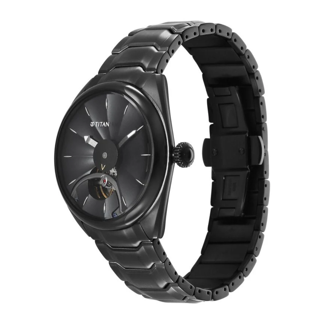 Titan Stellar Automatic Black Dial Stainless Steel Strap Watch for Men 10011NM01 / NS10011NM01