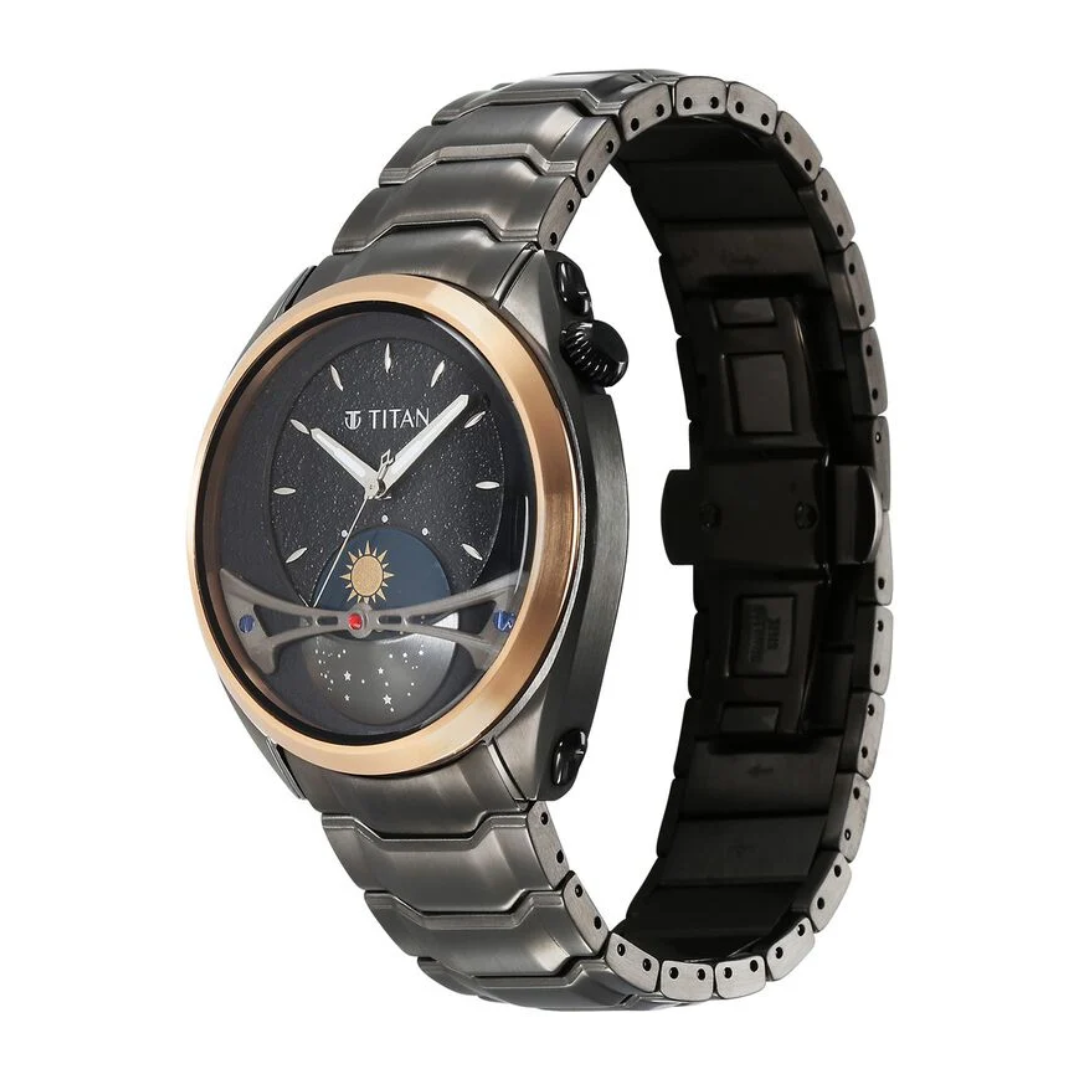 Titan Stellar Quartz Multifunction Black Dial Stainless Steel Strap Watch for Men 10010KM01