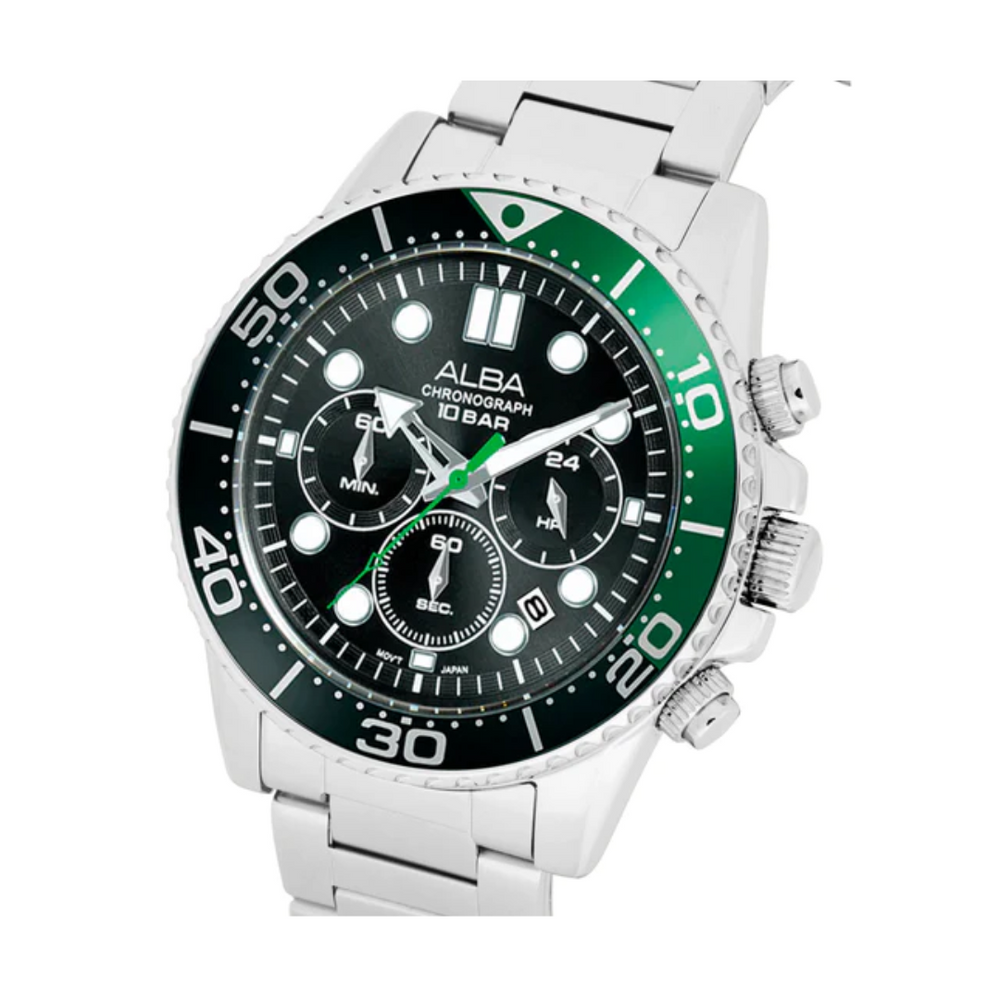 ALBA Midnight Black Dial with Black+Green Bezel Chronograph AT3J39X1 - KRISHNA WATCH COMPANY