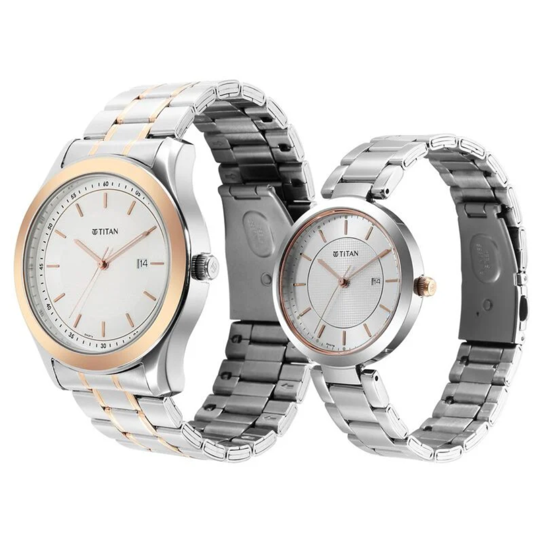 Titan Bandhan White Dial Analog with Date Stainless Steel Strap Watch for Couple 16272480KM01 - KRISHNA WATCH COMPANY