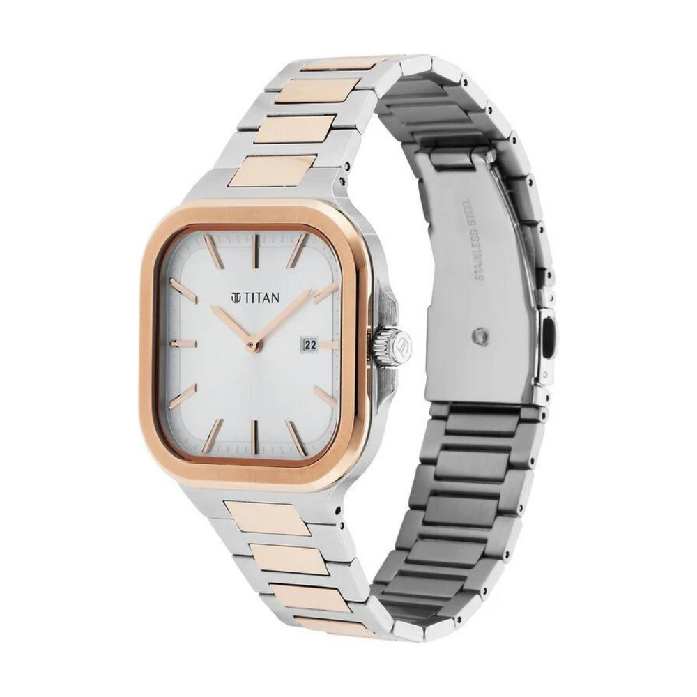 Titan Classique Slim Square Quartz Analog with Date Silver Dial Stainless Steel Strap Watch for Men 90176KM01 - KRISHNA WATCH COMPANY