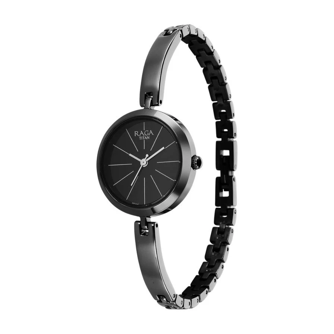 Titan Raga Viva Quartz Analog Black Dial Grey Metal Strap Watch for Women 2606QM04 - KRISHNA WATCH COMPANY