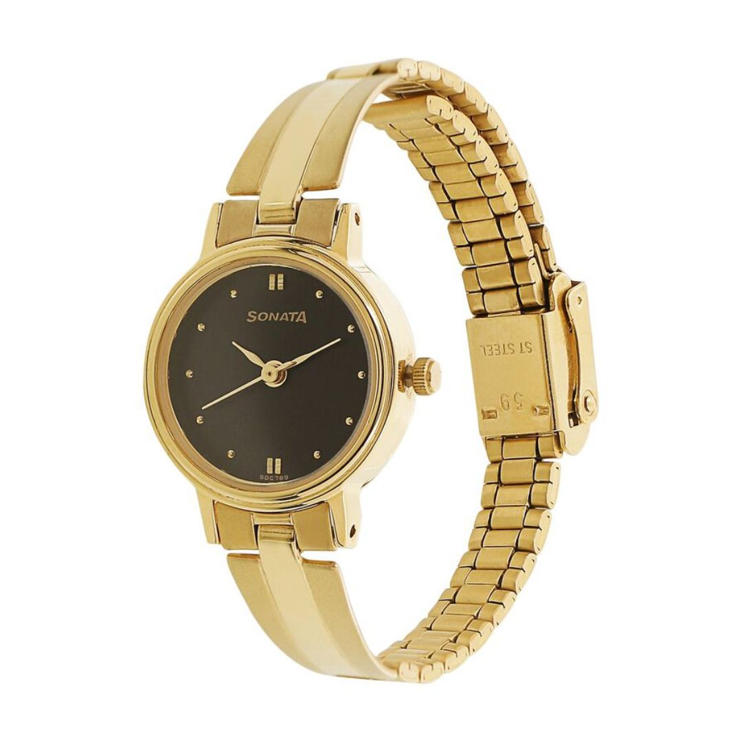 Sonata Black Dial Golden Metal Strap Watch - 8096YM03 - KRISHNA WATCH COMPANY