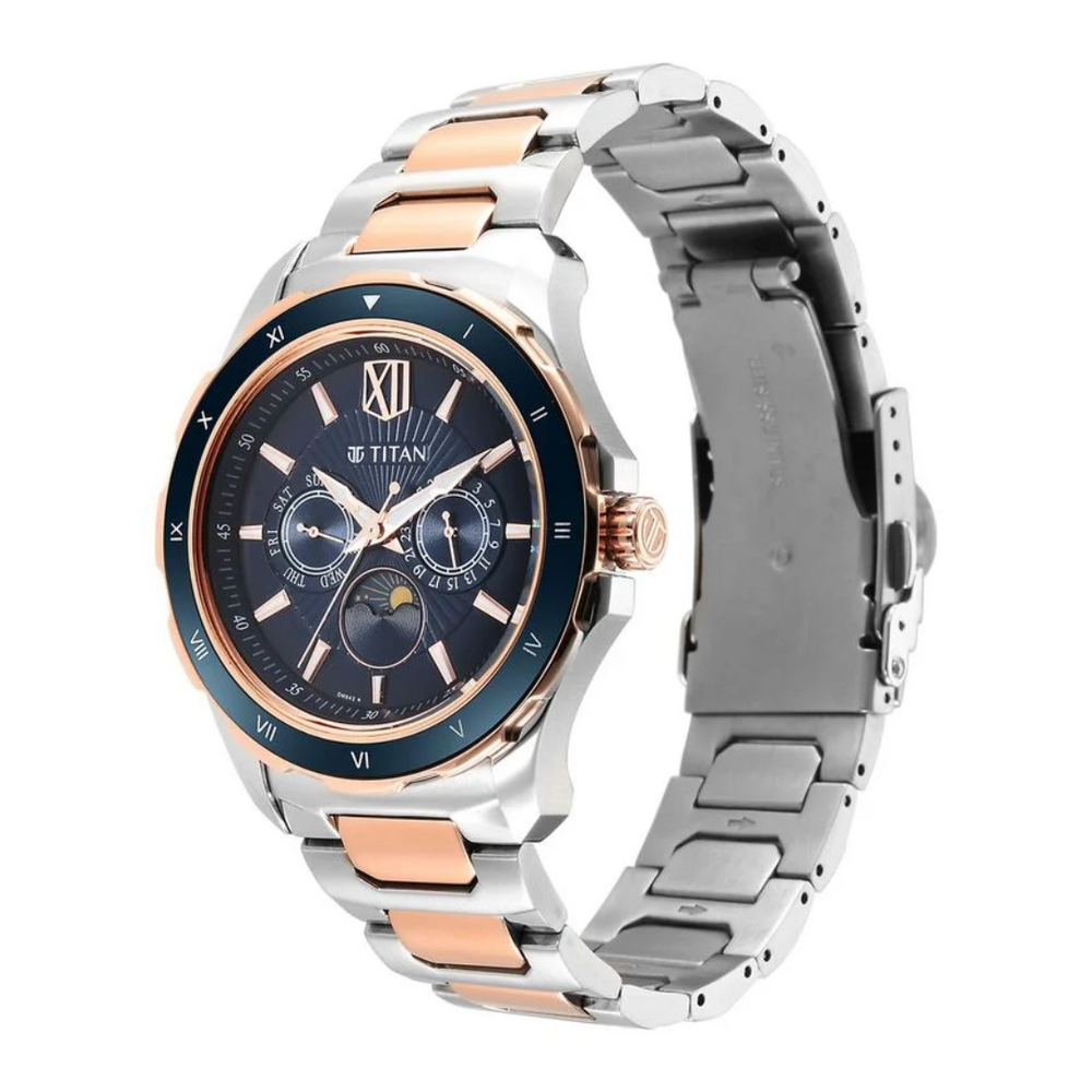 Titan Regalia Premium Blue Dial Quartz Multifunction Stainless Steel Strap watch for Men 1688KM06 - KRISHNA WATCH COMPANY