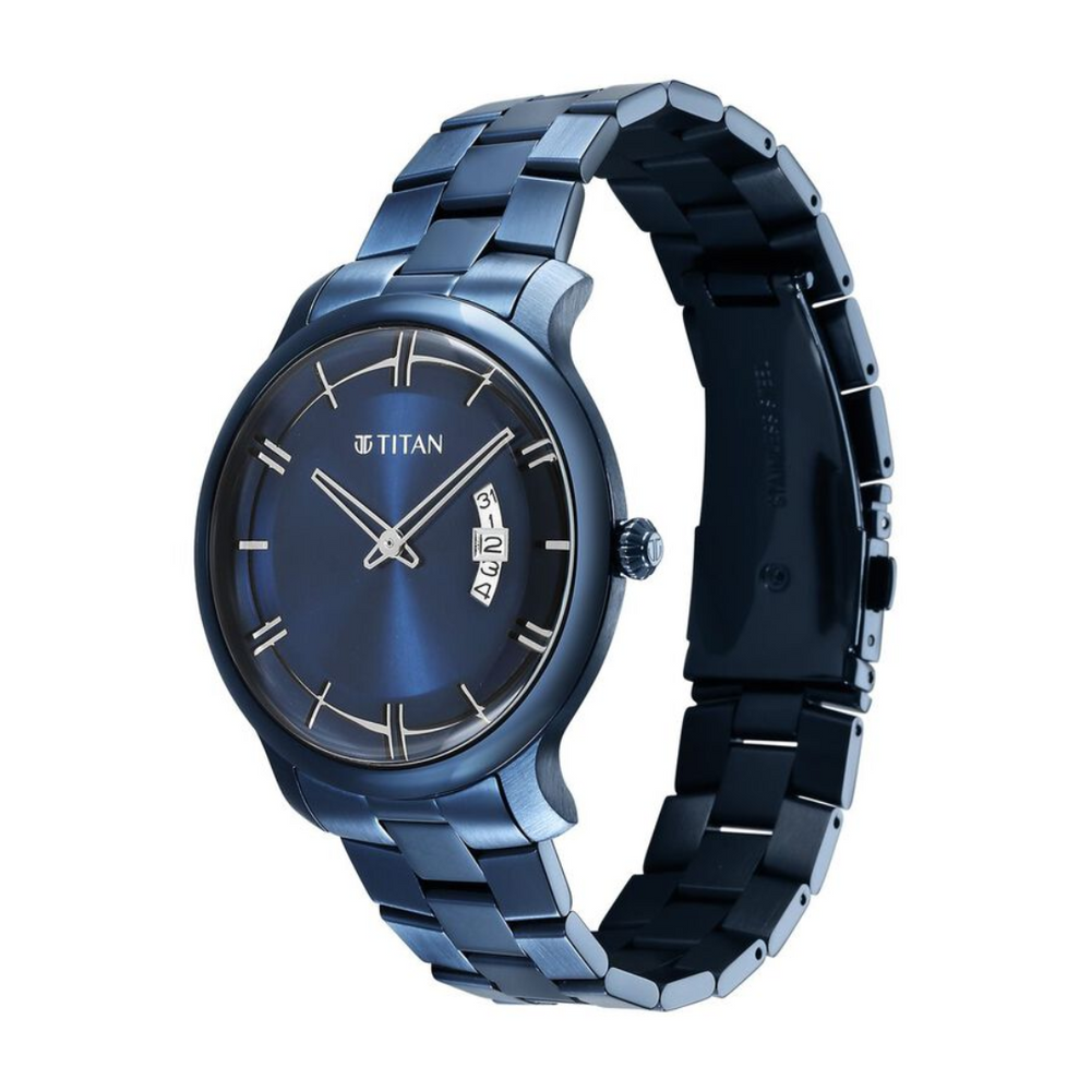 Titan Classic Distincta Blue Dial Analog with Date Stainless Steel Strap watch for Men 90170QM01 / NS90170QM01 - KRISHNA WATCH COMPANY