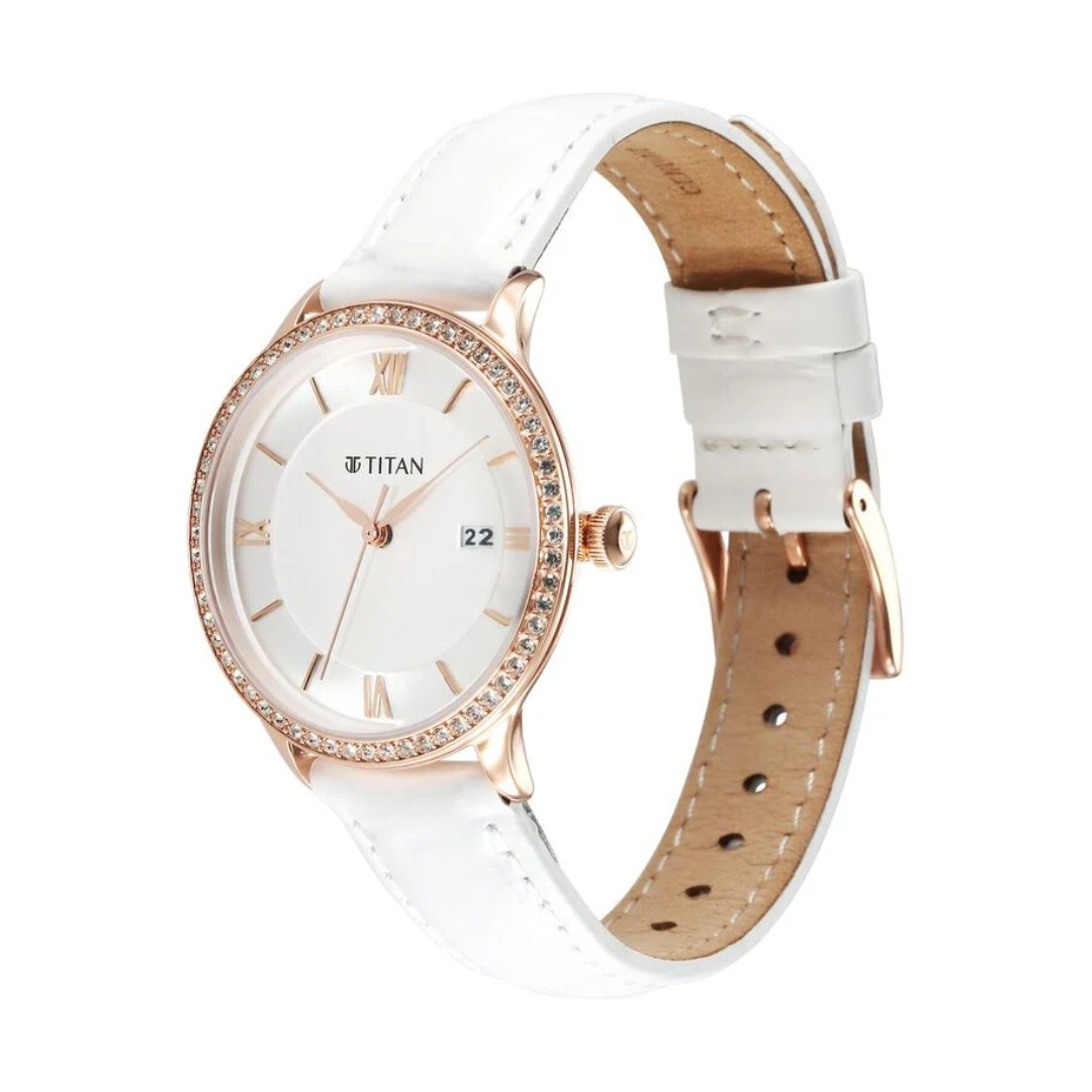 Titan Bright Leathers Silver Dial Analog with Date Leather Strap watch for Women 95247WL05 - KRISHNA WATCH COMPANY