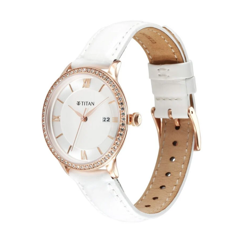 Titan Bright Leathers Silver Dial Analog with Date Leather Strap watch for Women 95247WL05 - KRISHNA WATCH COMPANY