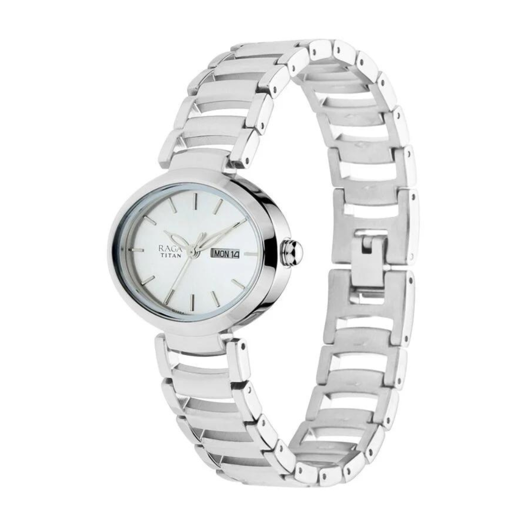 Titan Raga Viva Silver Dial Analog with Day and Date Metal Strap Watch for Women 2620SM01 - KRISHNA WATCH COMPANY