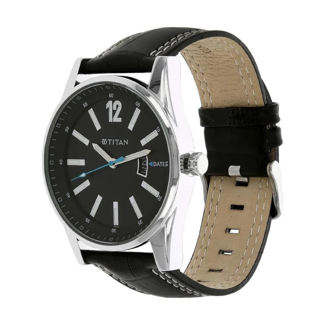 Titan Black Dial Black Leather Strap Watch NK9322SL04 (D119) - KRISHNA WATCH COMPANY