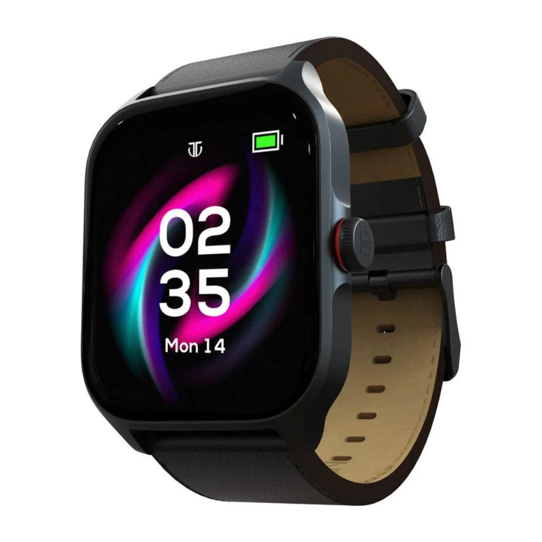 Titan Zeal with 4.69 cm AMOLED Display with AOD, Functional Crown, BT Calling, Smartwatch with Black Leather Strap 90196AL01 - KRISHNA WATCH COMPANY