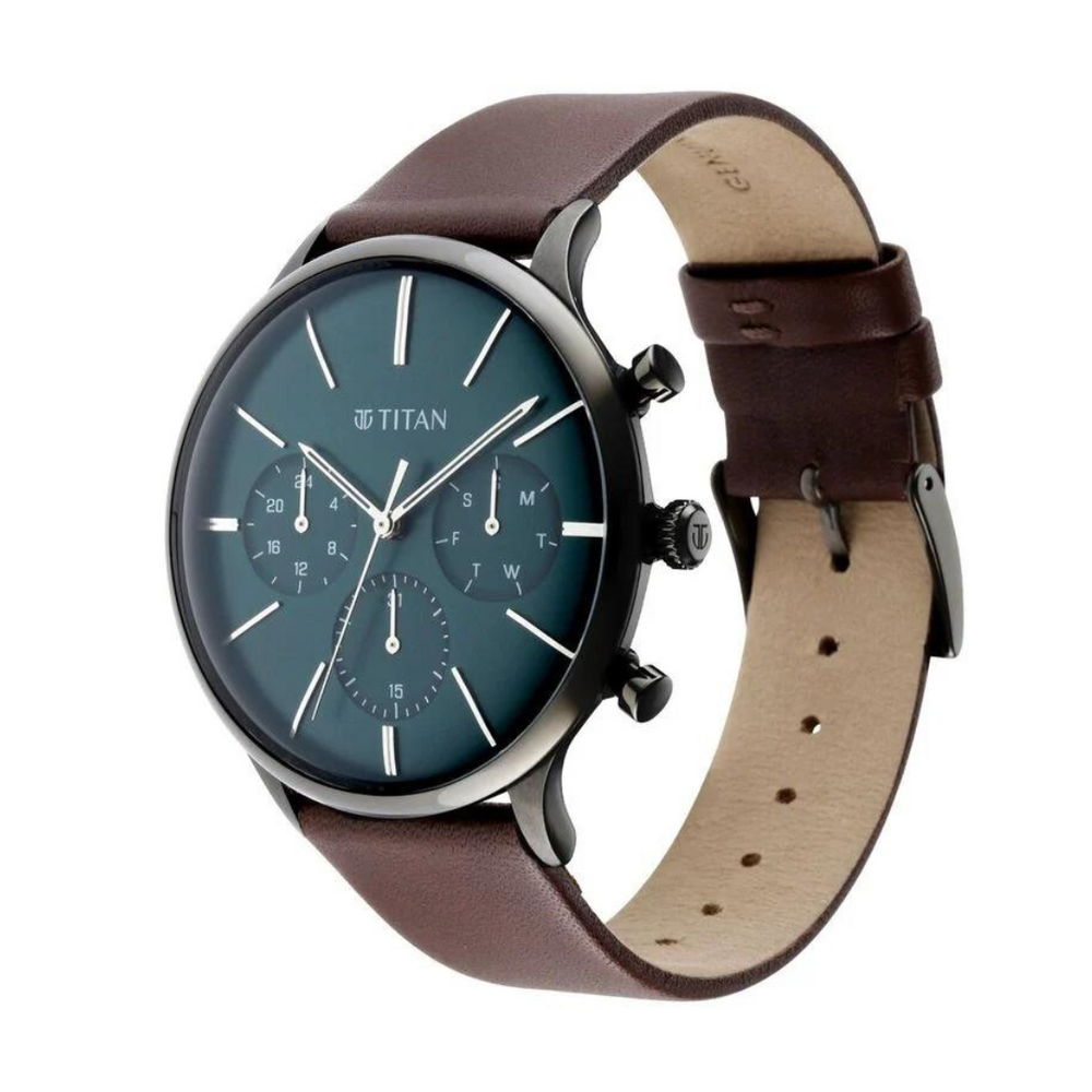 Titan Quartz Multifunction Green Dial Leather Strap Watch for Men - 90134QL01 - KRISHNA WATCH COMPANY