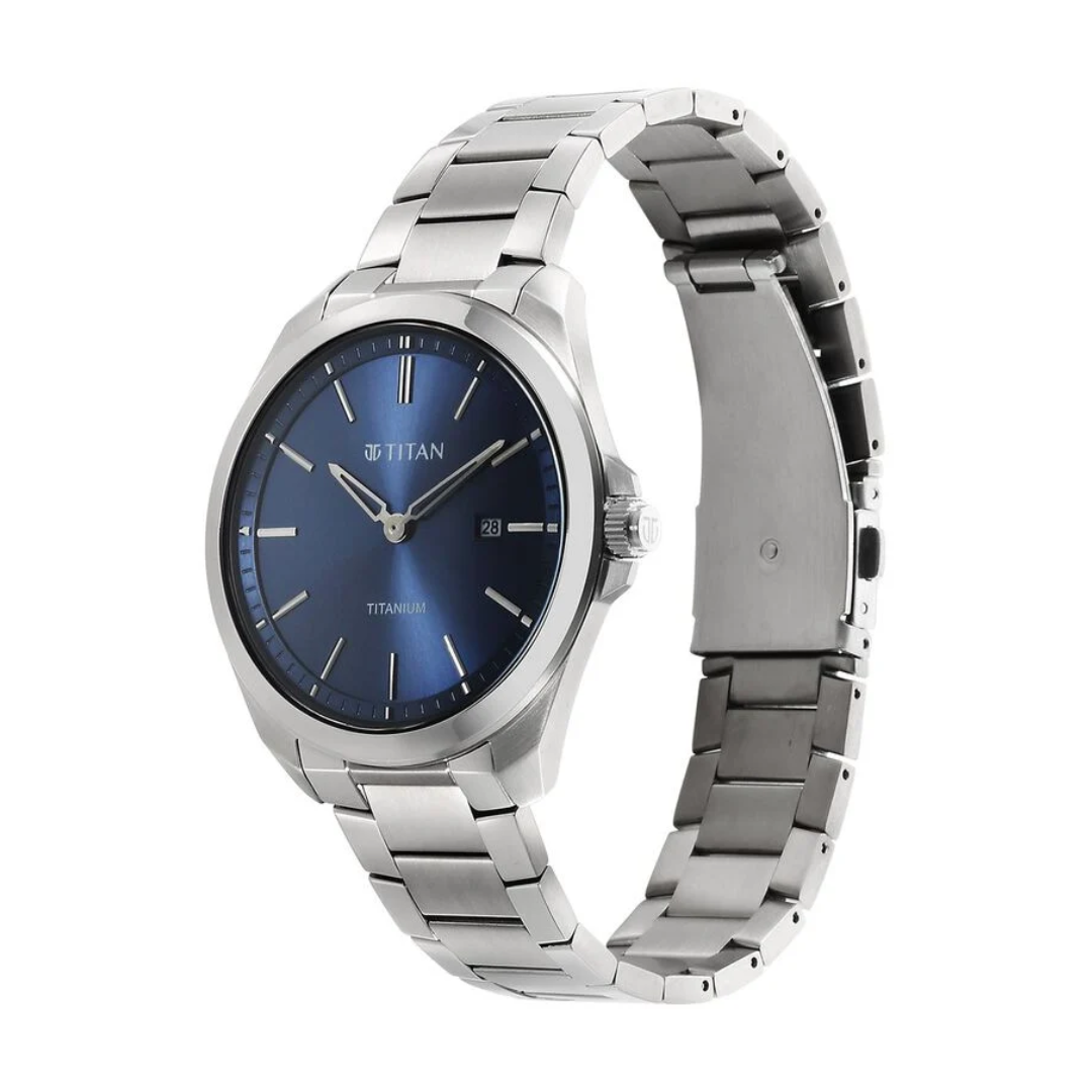 Titan Titanium Quartz Analog Blue Dial Stainless Steel Strap Watch for Men 90177TM01 - KRISHNA WATCH COMPANY