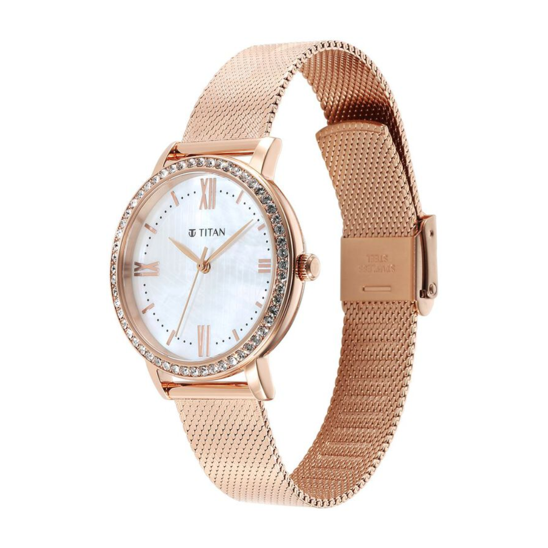 Titan Purple Style Up Quartz Analog White Dial Stainless Steel Strap Watch for Women 95236WM01 - KRISHNA WATCH COMPANY