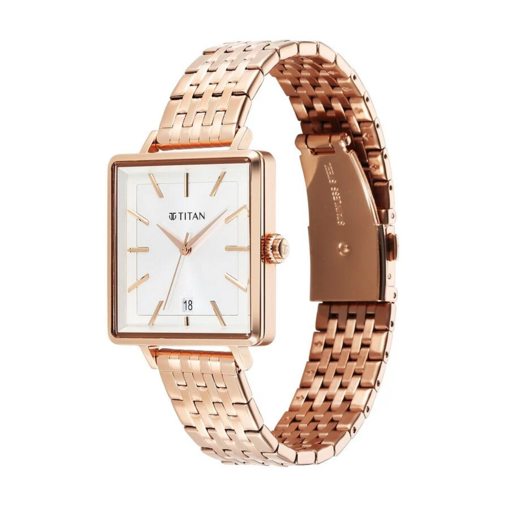 Titan Minimalists Quartz Analog with Date Silver Dial Rose Gold Stainless Steel Strap Watch for Women 94205WM02 - KRISHNA WATCH COMPANY