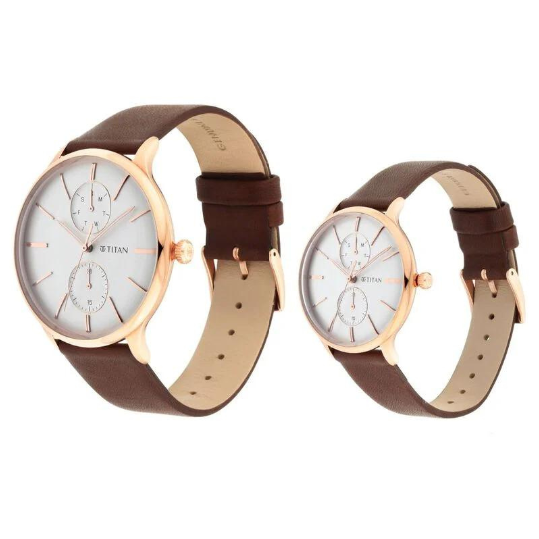 Titan Bandhan White Dial Quartz Multifunction Leather Strap watch for Couple 9400394203WL01
