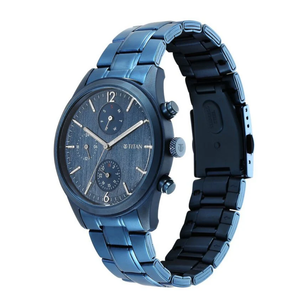 Titan Neo Splash Blue Dial Quartz Multifunction Stainless Steel Strap Watch for Men 1805QM07 - KRISHNA WATCH COMPANY