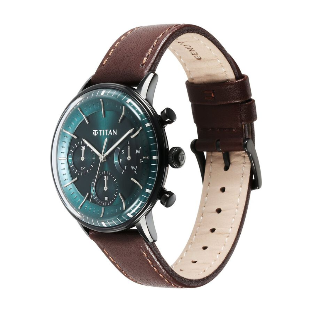 Titan Light Leathers Quartz Multifunction Black Dial Leather Strap Watch for Men 90171NL01 - KRISHNA WATCH COMPANY